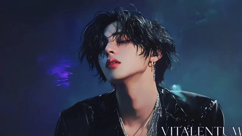 Digital portrait depicts stylized figure in dark environment