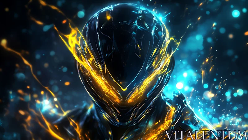 Futuristic armored figure with glowing molten accents.