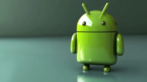 Glossy Green Android Robot Mascot on Minimalist Background.