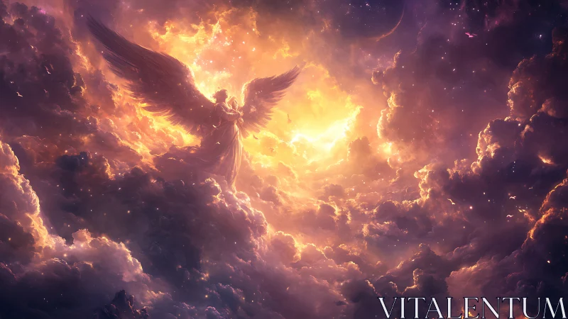Winged angelic figure rises through luminous cosmic clouds