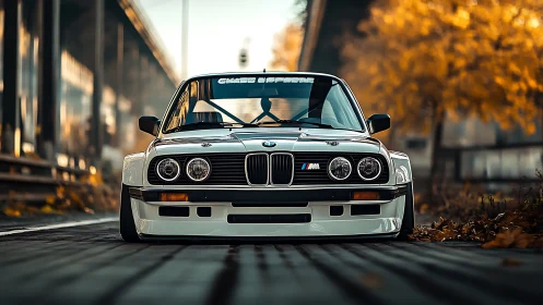 Front view of modified white BMW coupe on urban roadway.