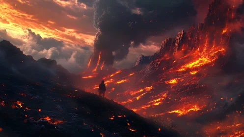 Solitary figure observing volcanic eruption and lava flows.
