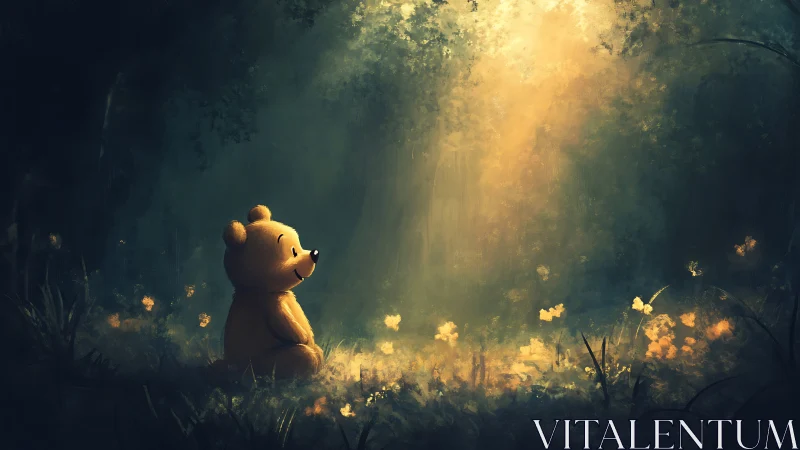 Soft woodland bear basking beneath a golden storybook sun.