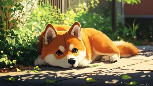 Orange corgi lies on sunlit patio near dense garden plants