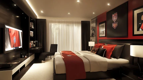 Modern bedroom interior with sports themed red decor.