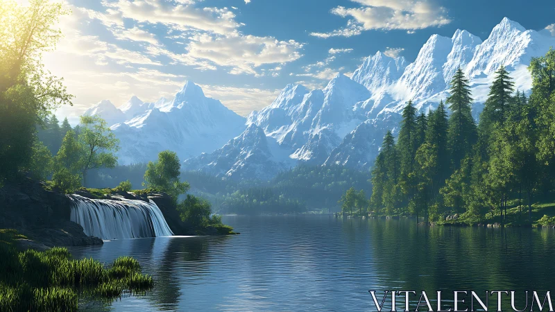 Mountain lake landscape with waterfall and pine forest.