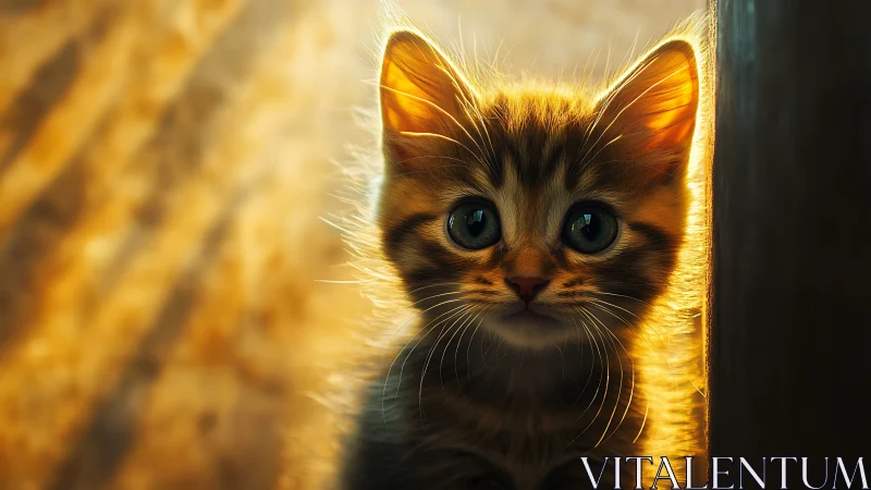 Golden-eyed tabby kitten peering through warm sunlit doorway