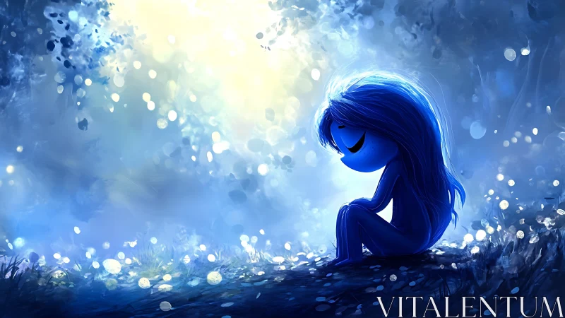 Blue character sits alone in a luminously backlit forest