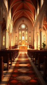 Gothic nave perspective with stained glass irradiance mapping.