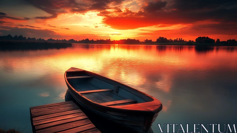 Timber rowboat at lakeside jetty under saturated sunset sky.