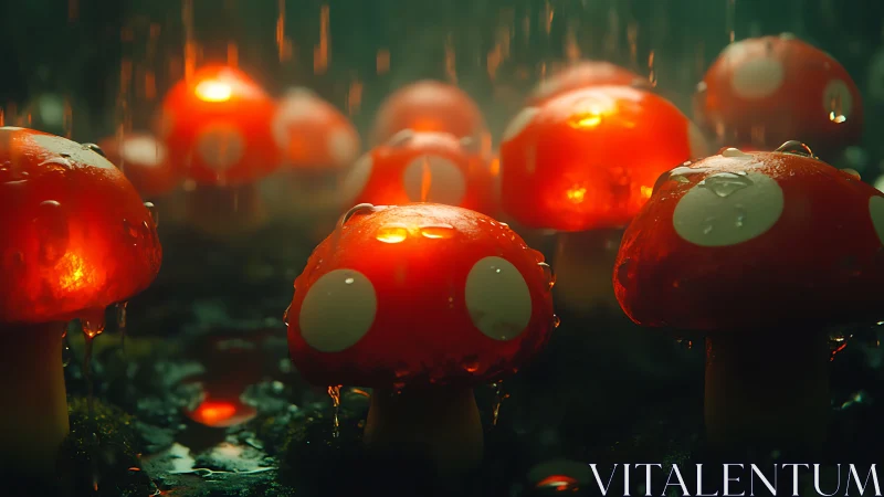 Luminous toadstools in cinematic rainlit macro forest tableau.