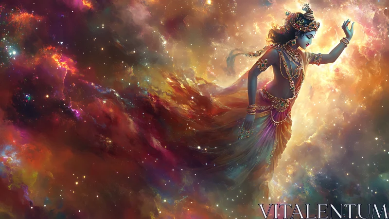 Celestial dancer drifting through glowing cosmic nebulae.