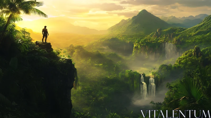 Lone explorer greeting a sunlit jungle of misty falls.