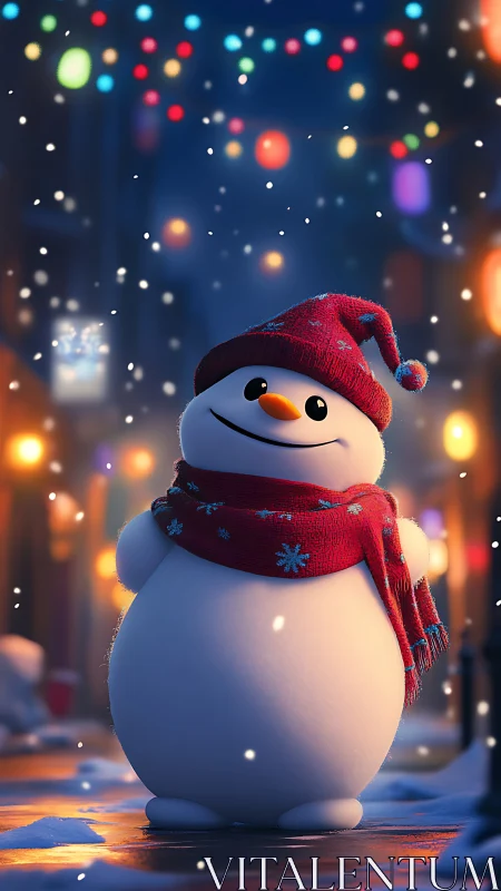 Snowman under defocused festive bokeh lighting at night.