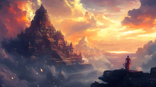 Monk overlooks luminous cloud temple at radiant sunset sky.