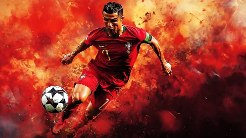 Explosive digital portrait of soccer forward in red kit.