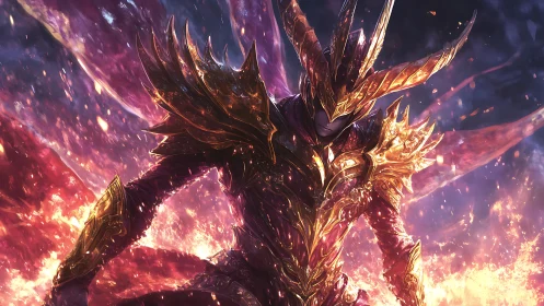 Digital painting of infernal armored warrior with radiant flames.