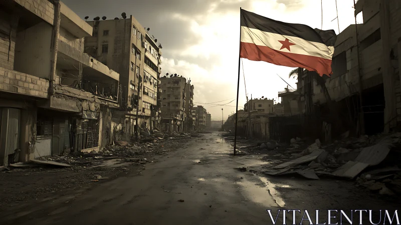 War-scarred boulevard bowed beneath a lone rising flag.