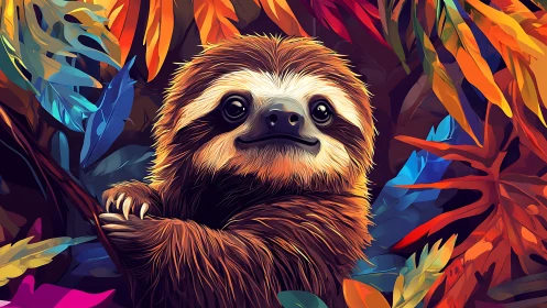 Color-rich digital sloth portrait amid tropical foliage.