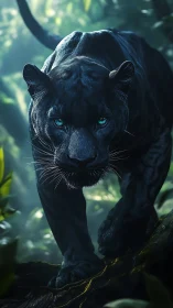 Black Panther with Turquoise Eyes in Jungle.