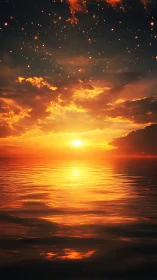 Blazing ocean sunset under star-speckled twilight sky.