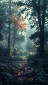 Misty Forest Path with Autumn Light Breaking Through