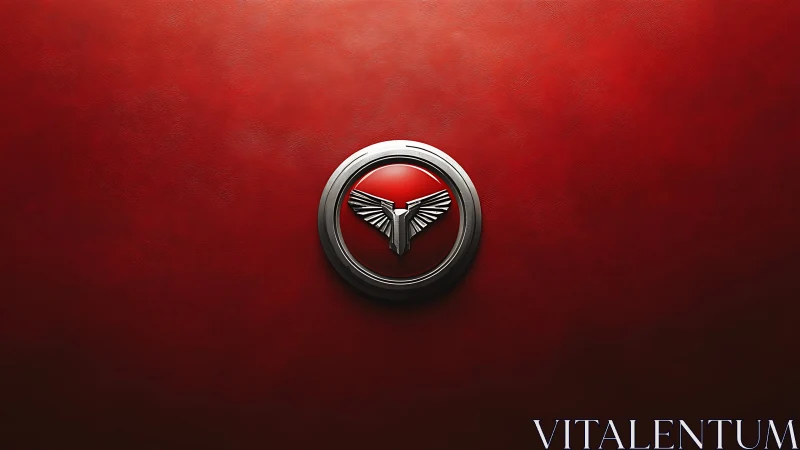 Metallic winged emblem centered on deep red field.