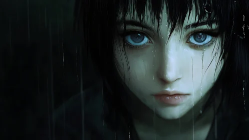 Rain-soaked blue-eyed portrait in hyperreal anime style.