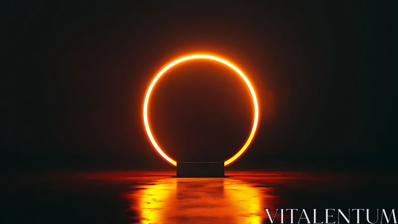 Glowing neon circle quietly brightens a dark reflective room