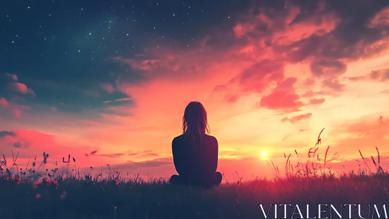 Silhouette meditates under glowing sunset and emerging stars.