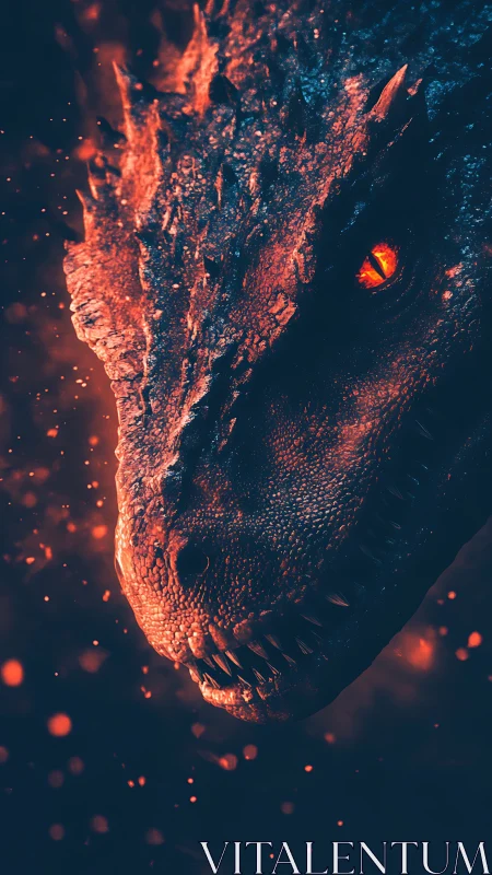 Volumetric-lit dragon head close-up with ember particle field