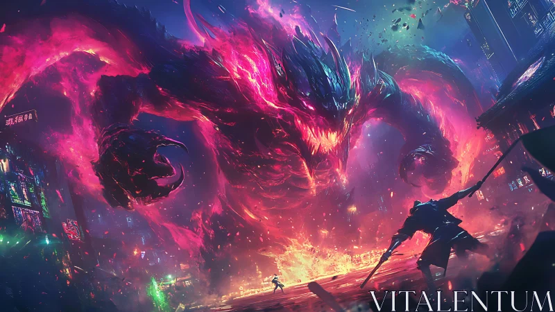 Neon inferno dragon storms a cyberpunk street battlefield.
