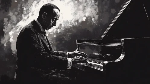 Pianist in quiet focus at a softly glowing grand piano.