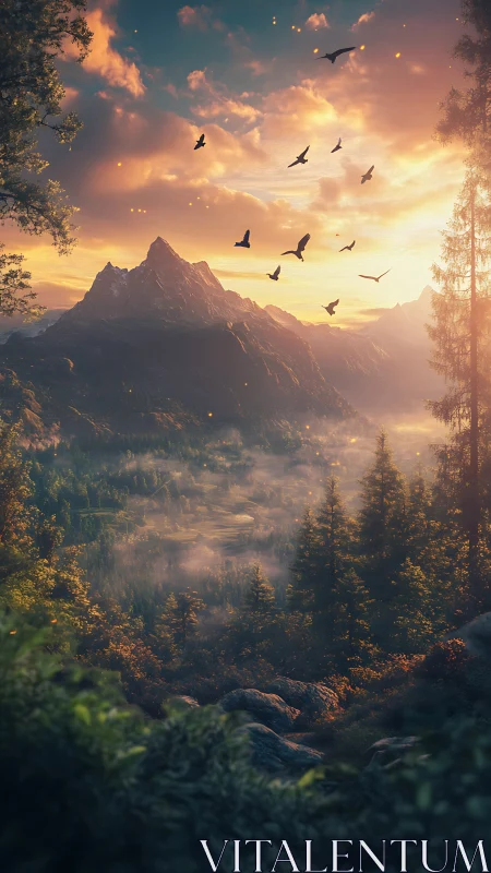Sunlit mountain valley under glowing mist and circling birds.