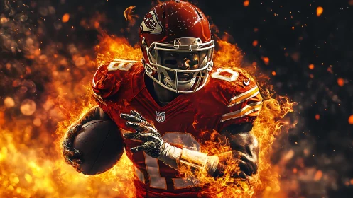 American football runner charges forward through stylized flames
