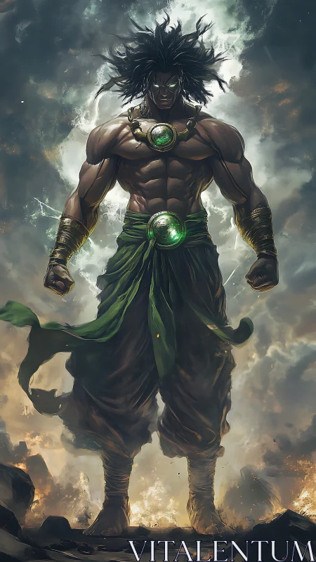 Mythic muscular warrior with emerald core energy in storm