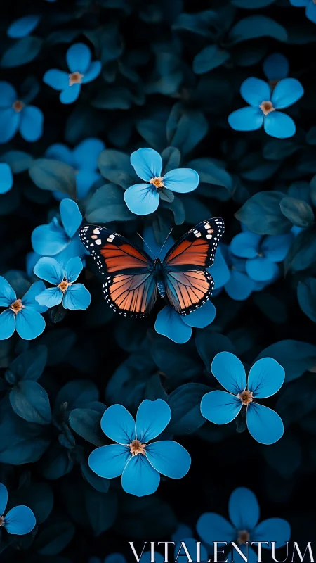 Butterfly rests on vivid blue flowers in dense foliage
