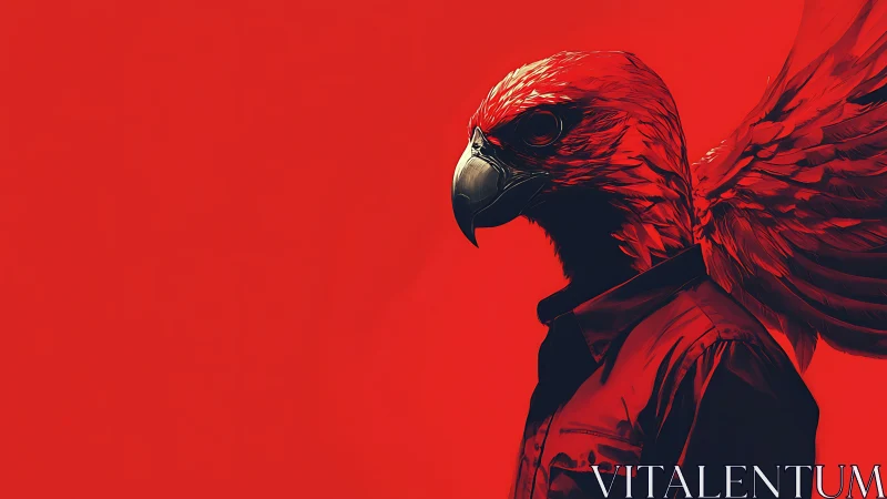 Hybrid hawk-headed figure in red shirt with extended wings.