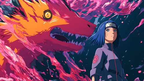 Chakra-cloaked shinobi stands before spectral fox avatar in flames