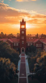 Sunlit campus clock tower rises above red-brick halls at dusk.