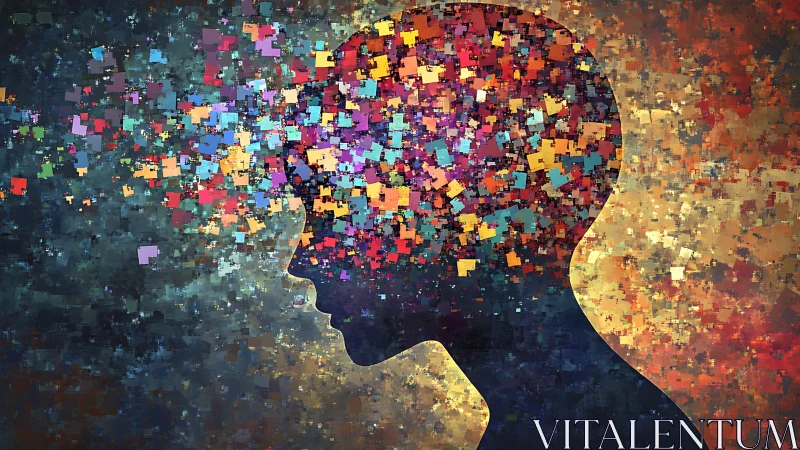 Human silhouette dissolves into vivid pixelated thoughts.