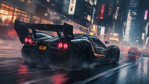 Sleek black supercar glowing through rainy neon streets.