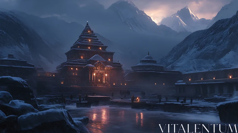 Snowbound mountain temple glows warmly in the twilight cold
