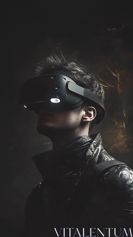 Man wearing VR headset stands in dramatic low key lighting