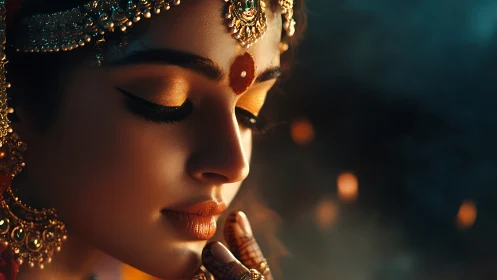 Golden-lit portrait of serene woman in ornate jewelry adornment.