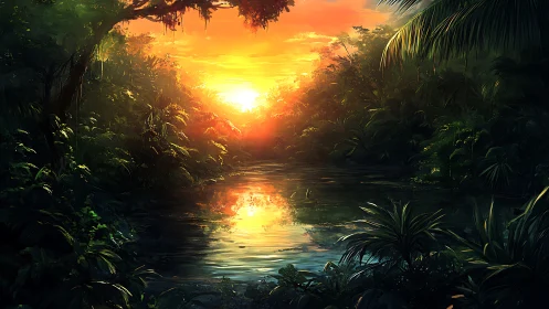 Sunset illuminates dense tropical river corridor with foliage