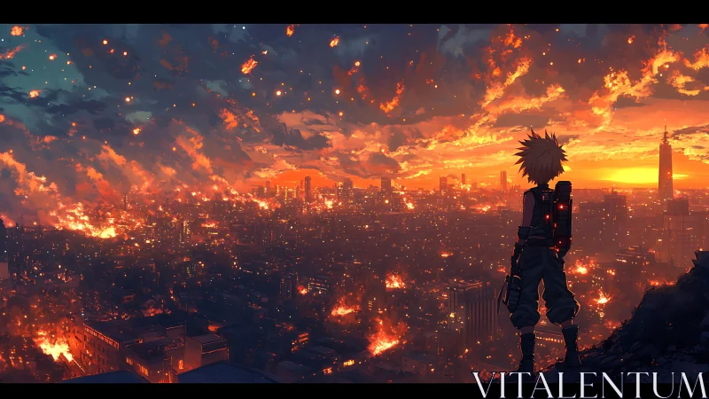 Post-cataclysm skyline survey by solitary cybernetic scout.