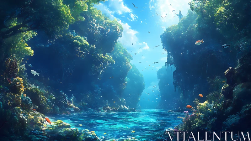 Luminous tropical lagoon canyon with dense foliage and fish