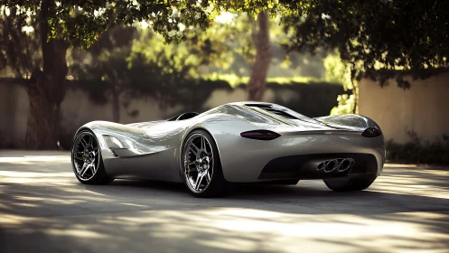 Futuristic silver roadster rendered with sculpted aerodynamic surfacing