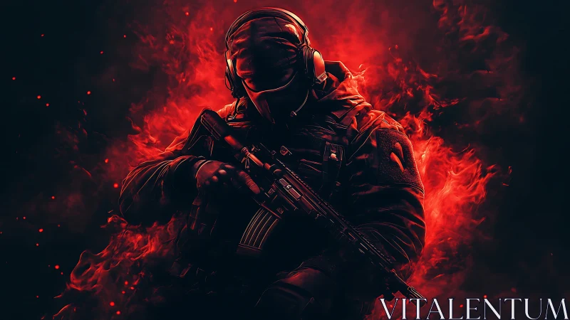 Tactical operator in red inferno with high-detail carbine silhouette.